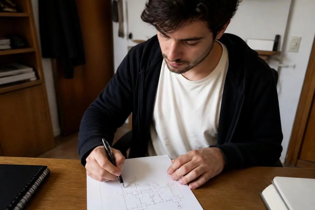 Dois participantes desenham a caneta o encadeamento de um argumento numa folha quadriculada