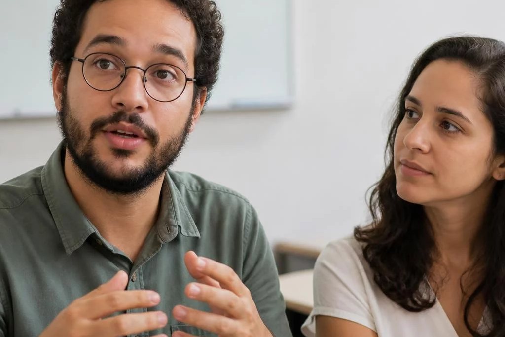 Três participantes conversam ao redor de uma mesa comprida numa sala clara de janelas altas