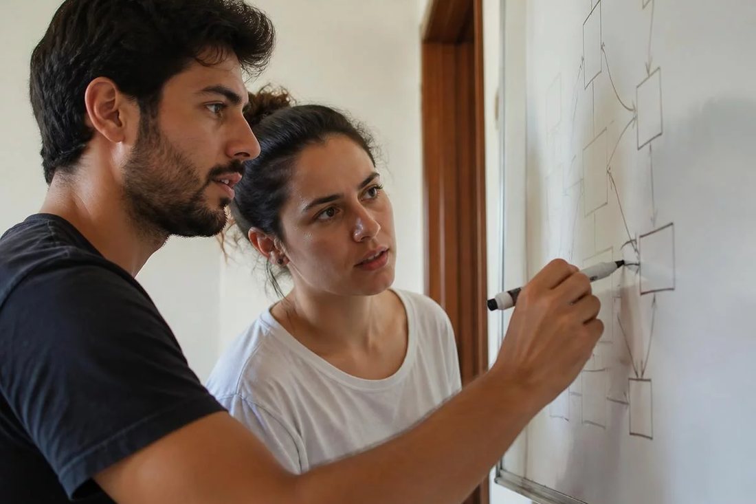 Facilitadora aponta para um mapa de argumento desenhado no quadro branco enquanto um participante acompanha