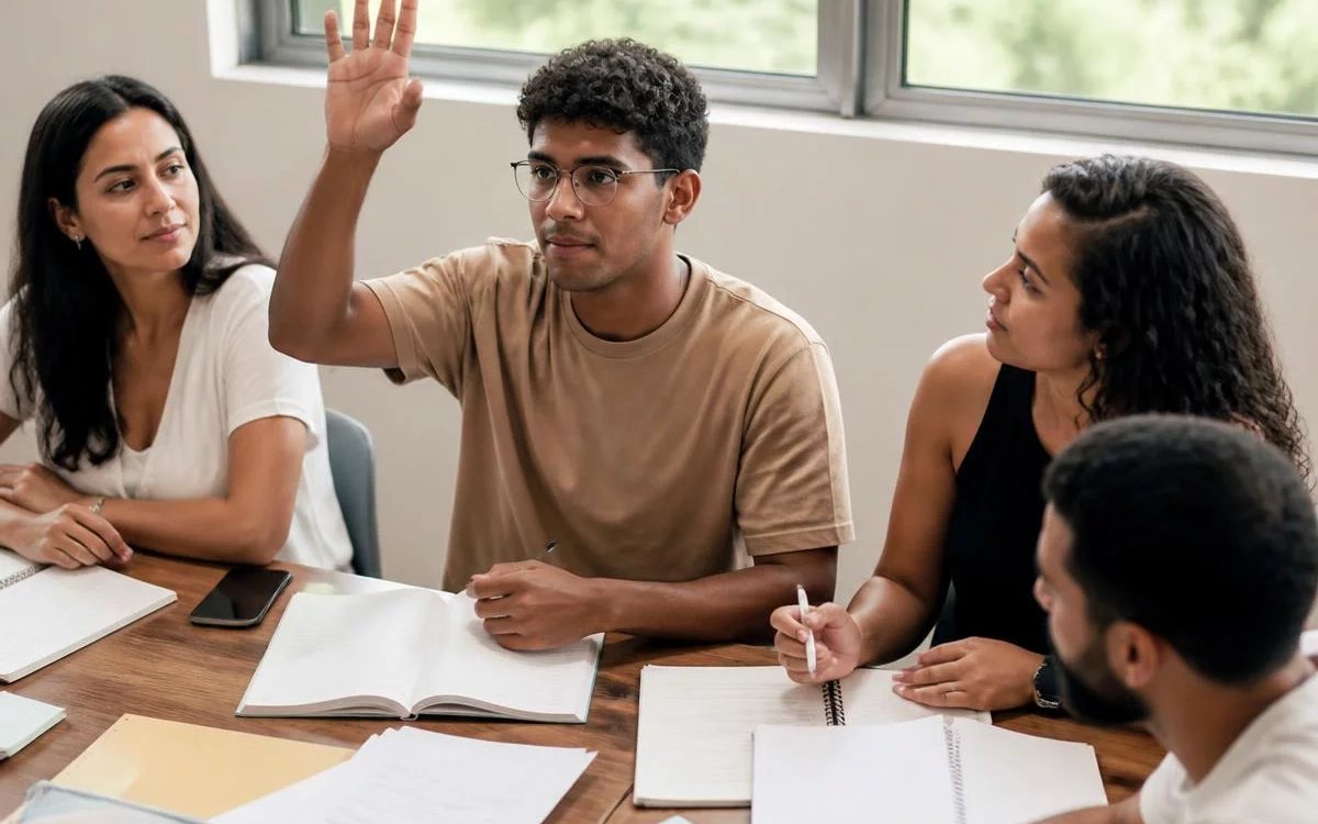 Grupo pequeno reunido em volta da mesa, ouvindo a fala de quem tem a palavra